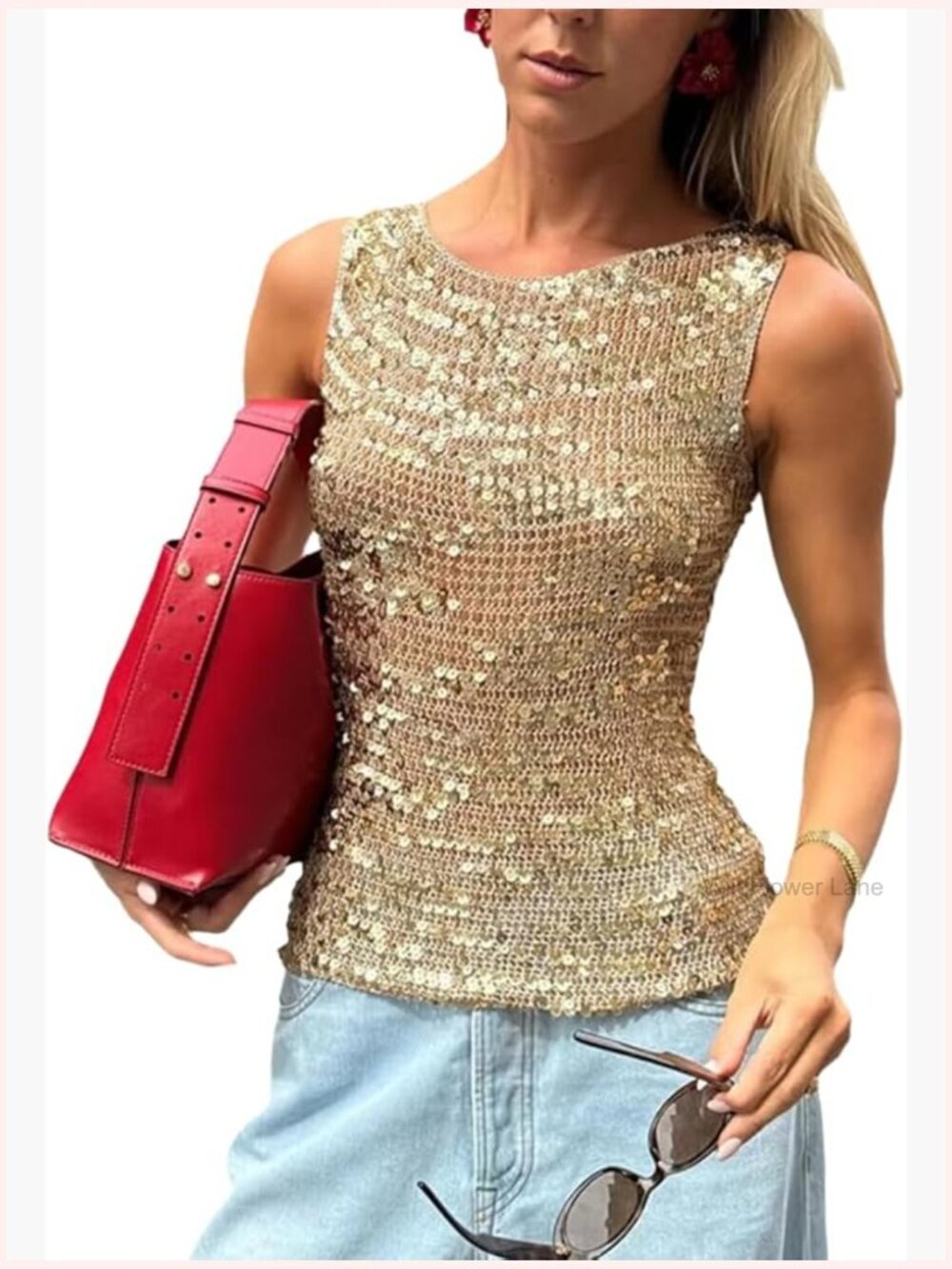 Sleeveless Sequin Tank Top Sparkly Shimmer Blouse Crew Neck Casual Top